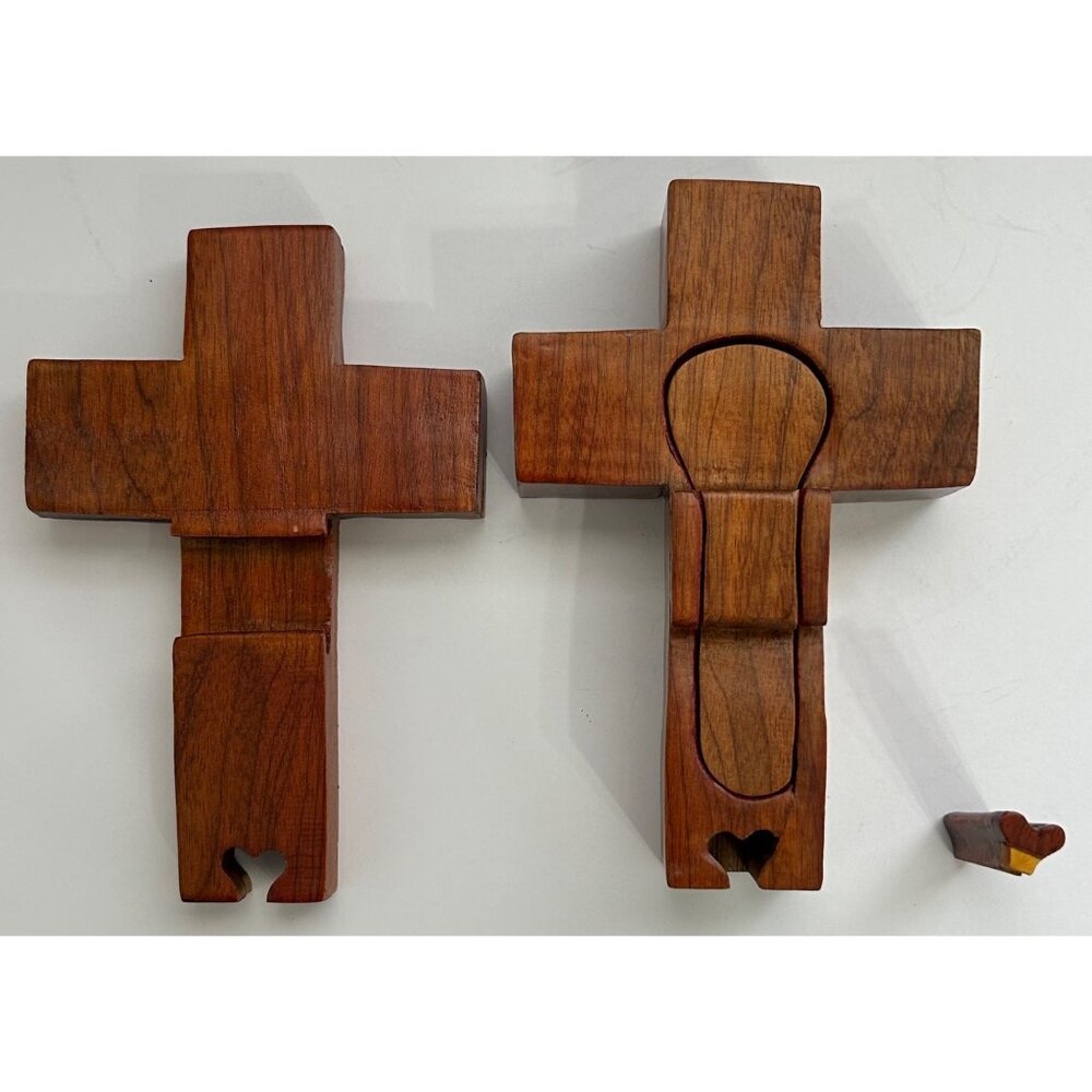 Handcrafted Wooden Cross Puzzle Box Hidden Compartment Keepsake Jewels Religious - Picture 3 of 12